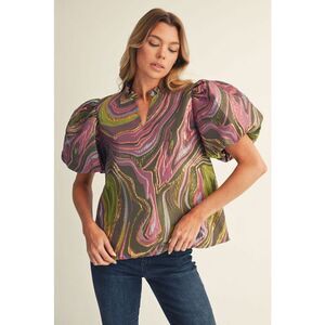272. Green and Pink Metallic Jacquard Blouse